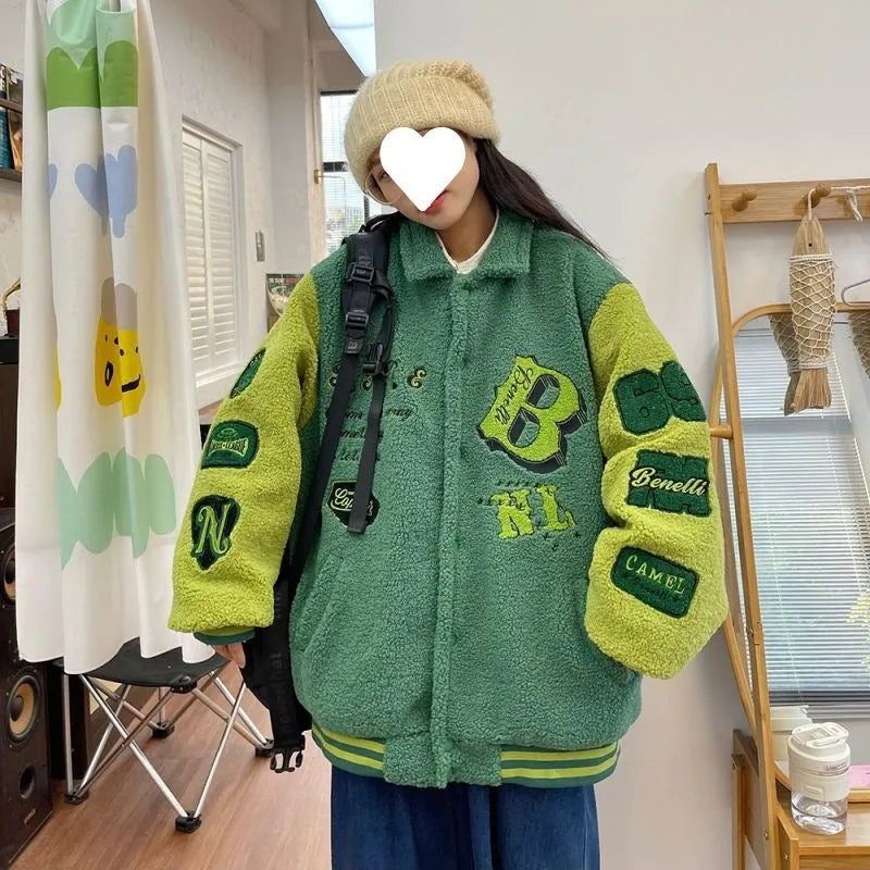 Women's plus size down thickened lambswool cotton jacket in green, college style, full zip front