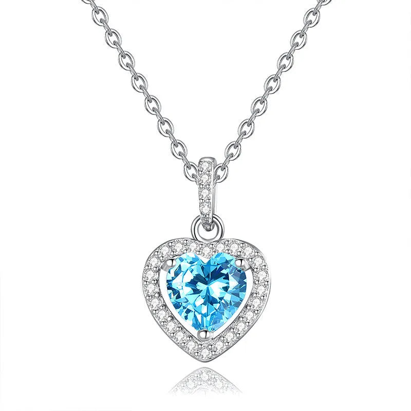 S925 sterling silver heart necklace with inlaid natural gemstone pendant on adjustable cross chain
