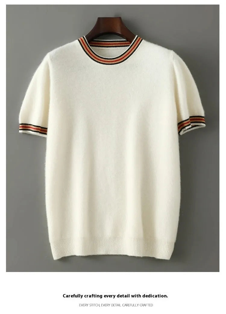 Men's short sleeve pure wool sweater in grey with round neck pullover design