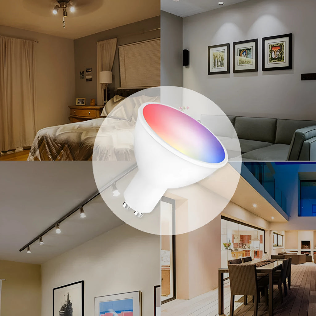 GU10 format smart wifi LED spotlight bulb with RGBCCT colour and voice control.