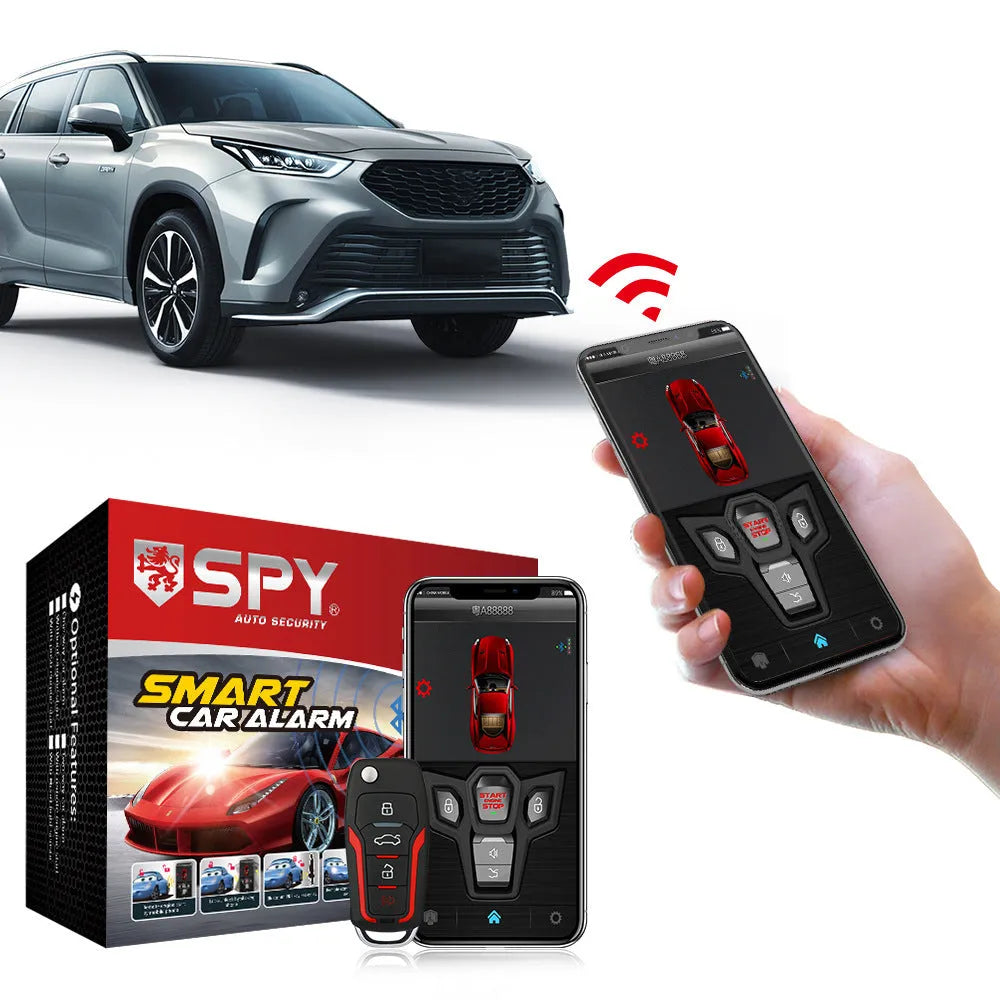 Red and frosted black car alarm system with remote controls showing 3000m range and 115dB siren specifications