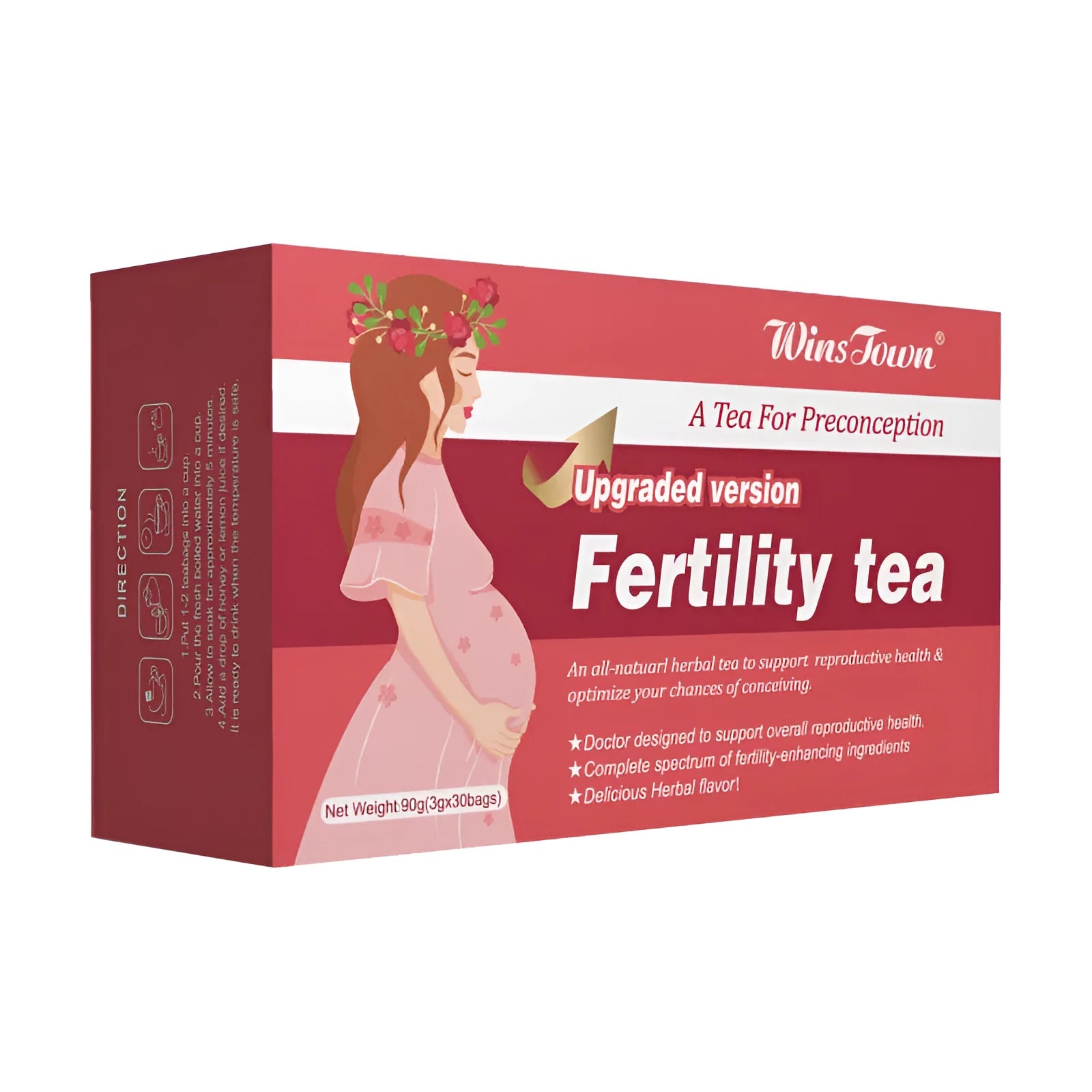 Box of fertility health tea containing 330 individual herbal supplement tea bags.