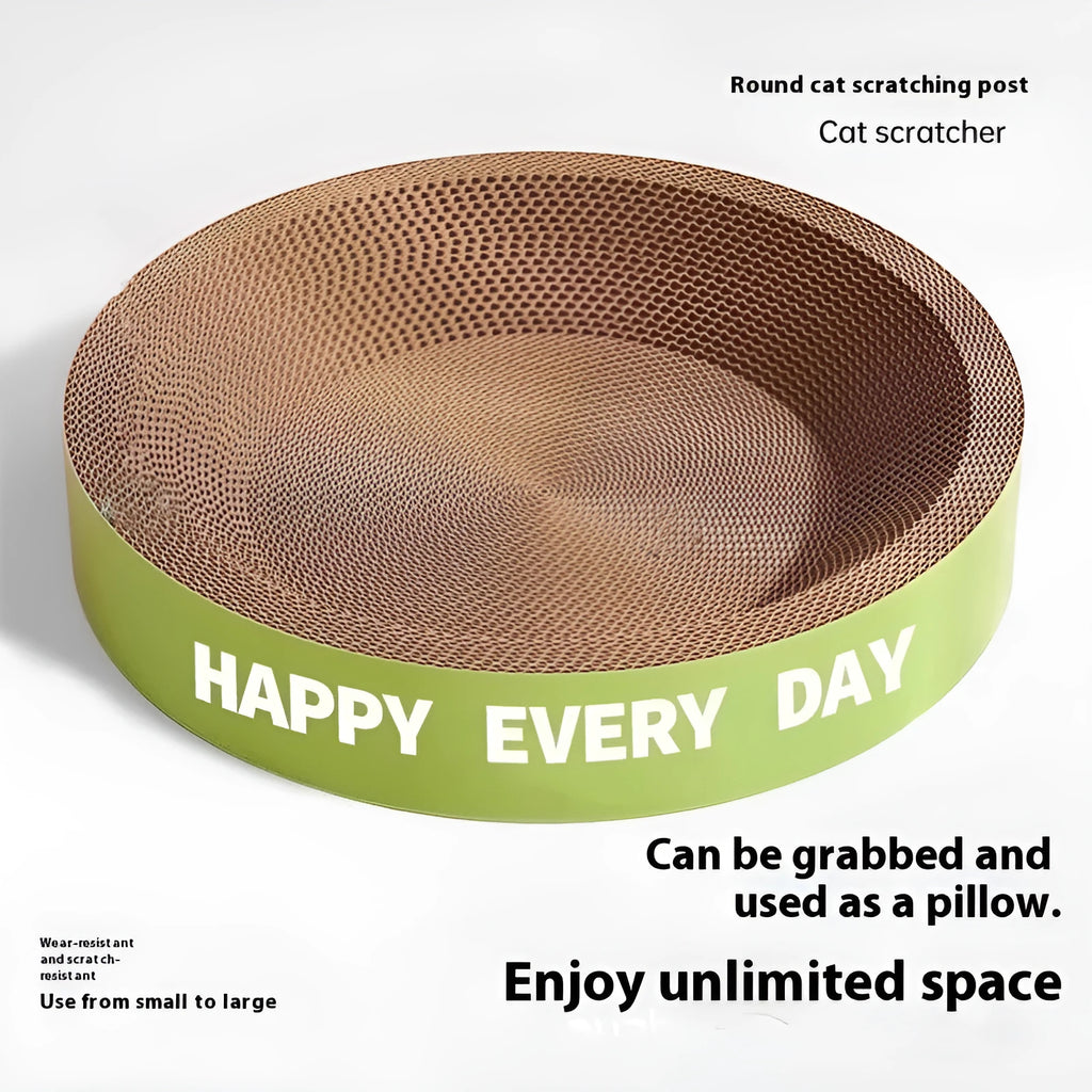 Green round cat nest with an integrated scratching board surface, shown in a simple style.