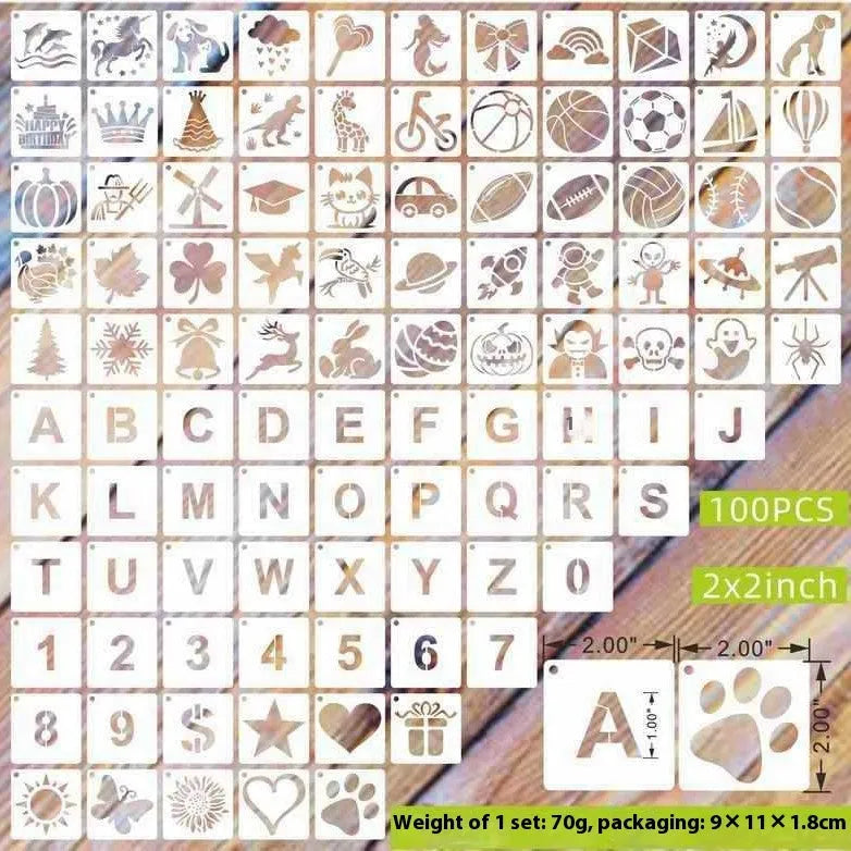 Milky white PET film spray painting stencils showing flower-leaf bird, ocean animal, and letter pattern examples