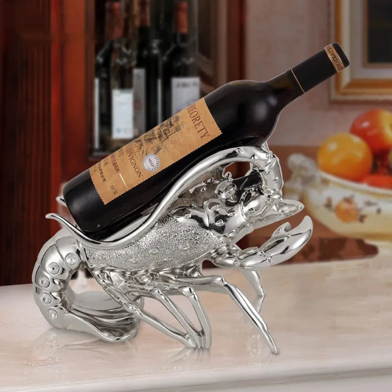 Lobster-shaped wine rack ornament in rose gold or silver metallic finish