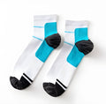 Compression sport socks in white nylon, black and blue, and black and red, mesh weave fabric for heel arch pain relief