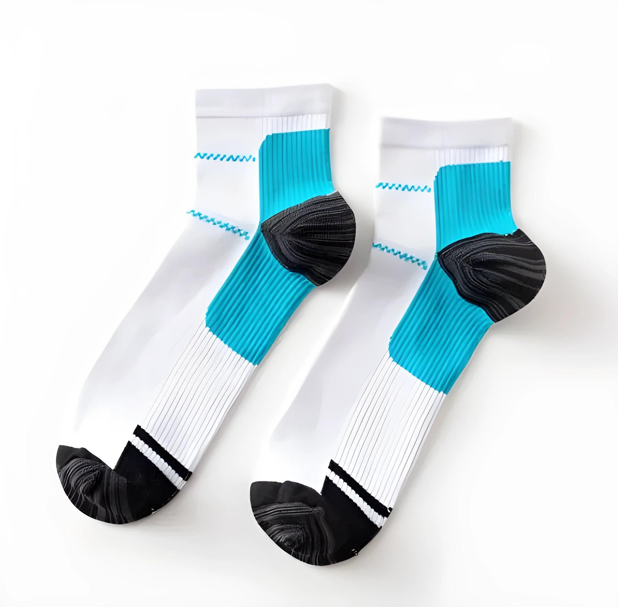 Compression sport socks in white nylon, black and blue, and black and red, mesh weave fabric for heel arch pain relief