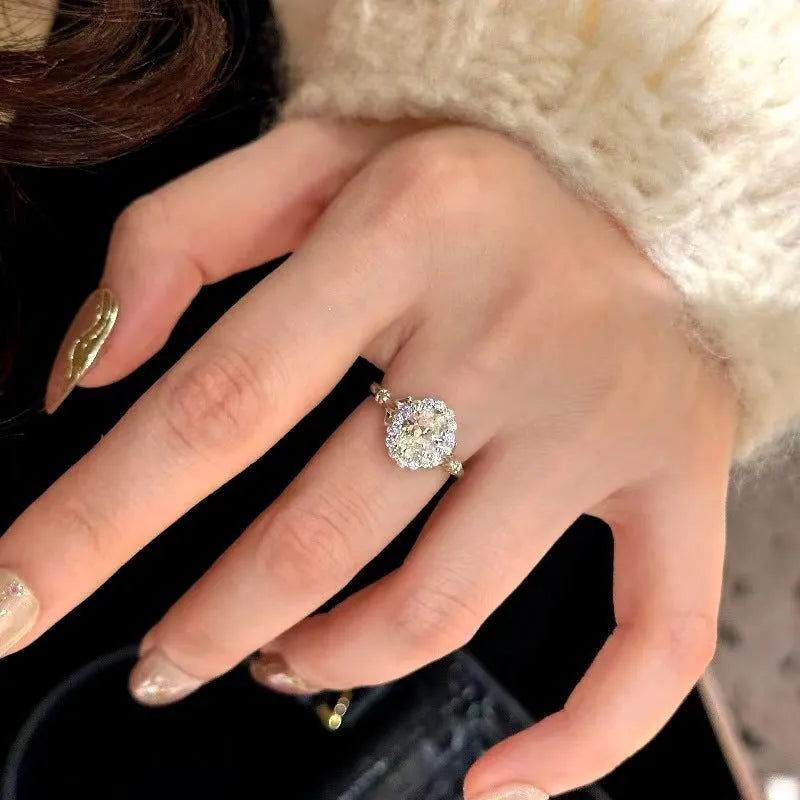 Silver geometric bridal bouquet ring with adjustable opening and diamond sparkle