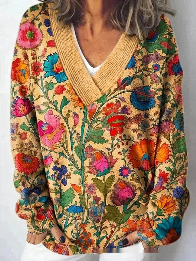 Women's floral pattern printed V-neck sweatshirt with 3D effect and long sleeves