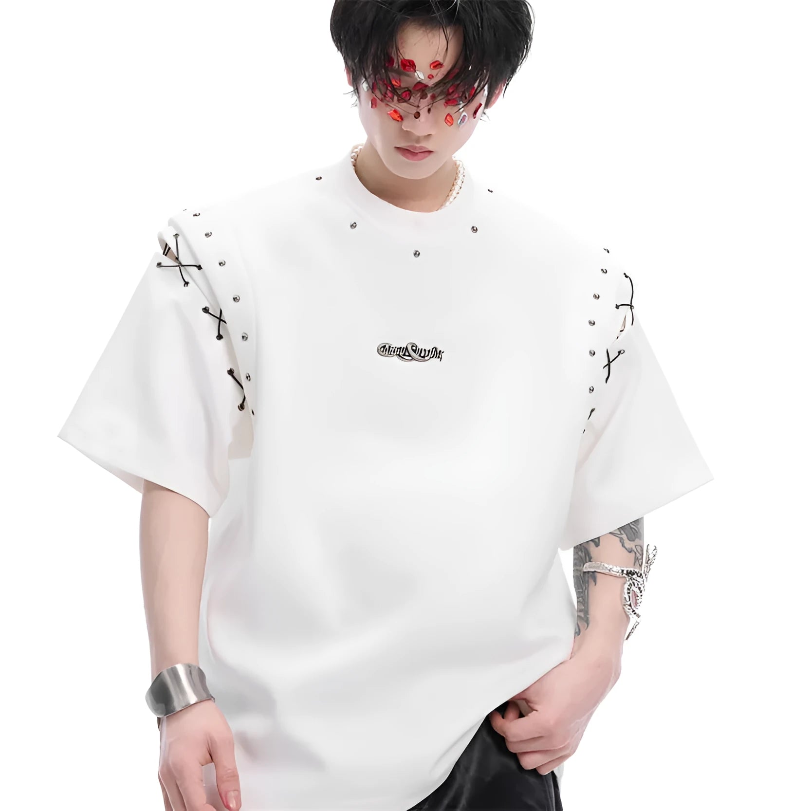 Women's black deconstruction lace-up cutout short sleeve t-shirt on a hanger.