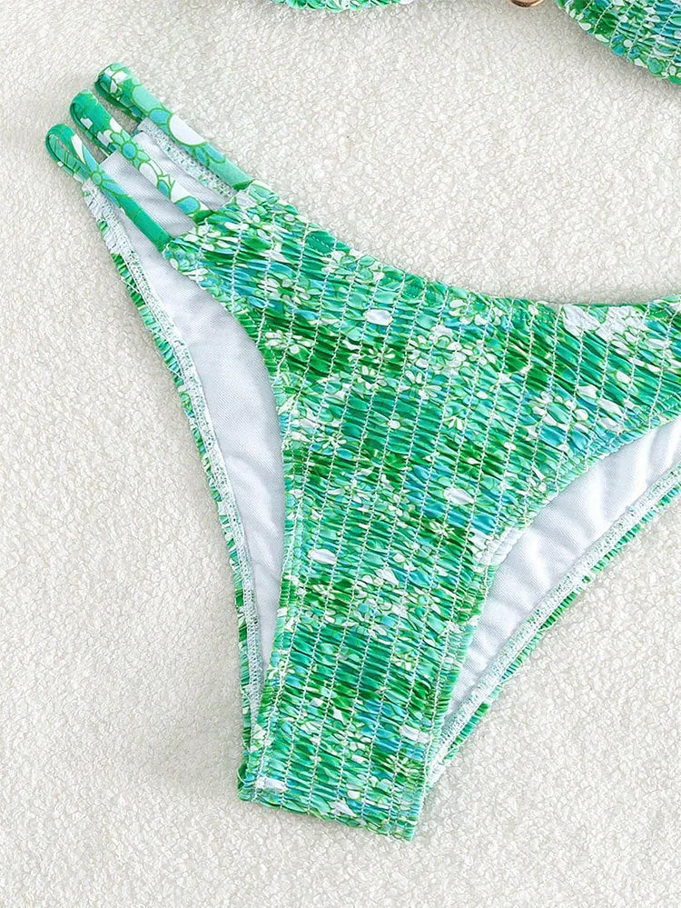 Women's high-waist floral bikini swimsuit set in solid colour with nylon lining