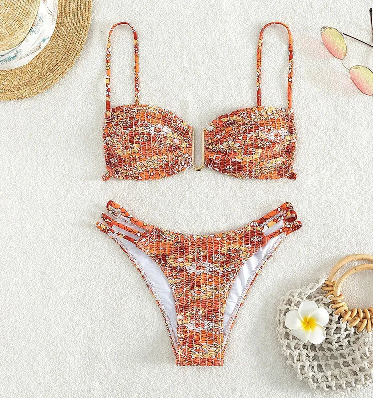 Women's high-waist floral bikini swimsuit set in solid colour with nylon lining