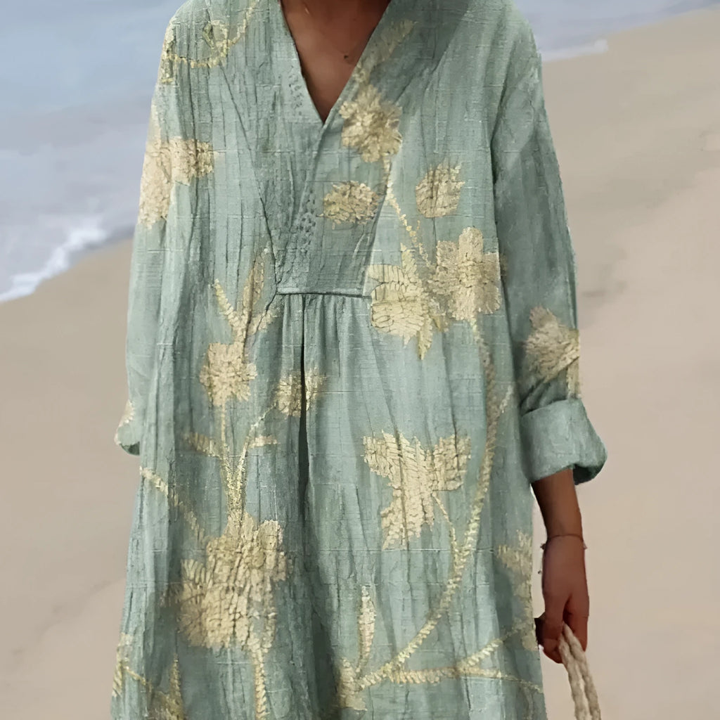 Casual long sleeve shirt dress with a 3D printed floral pattern in a princess cut and wide waist.
