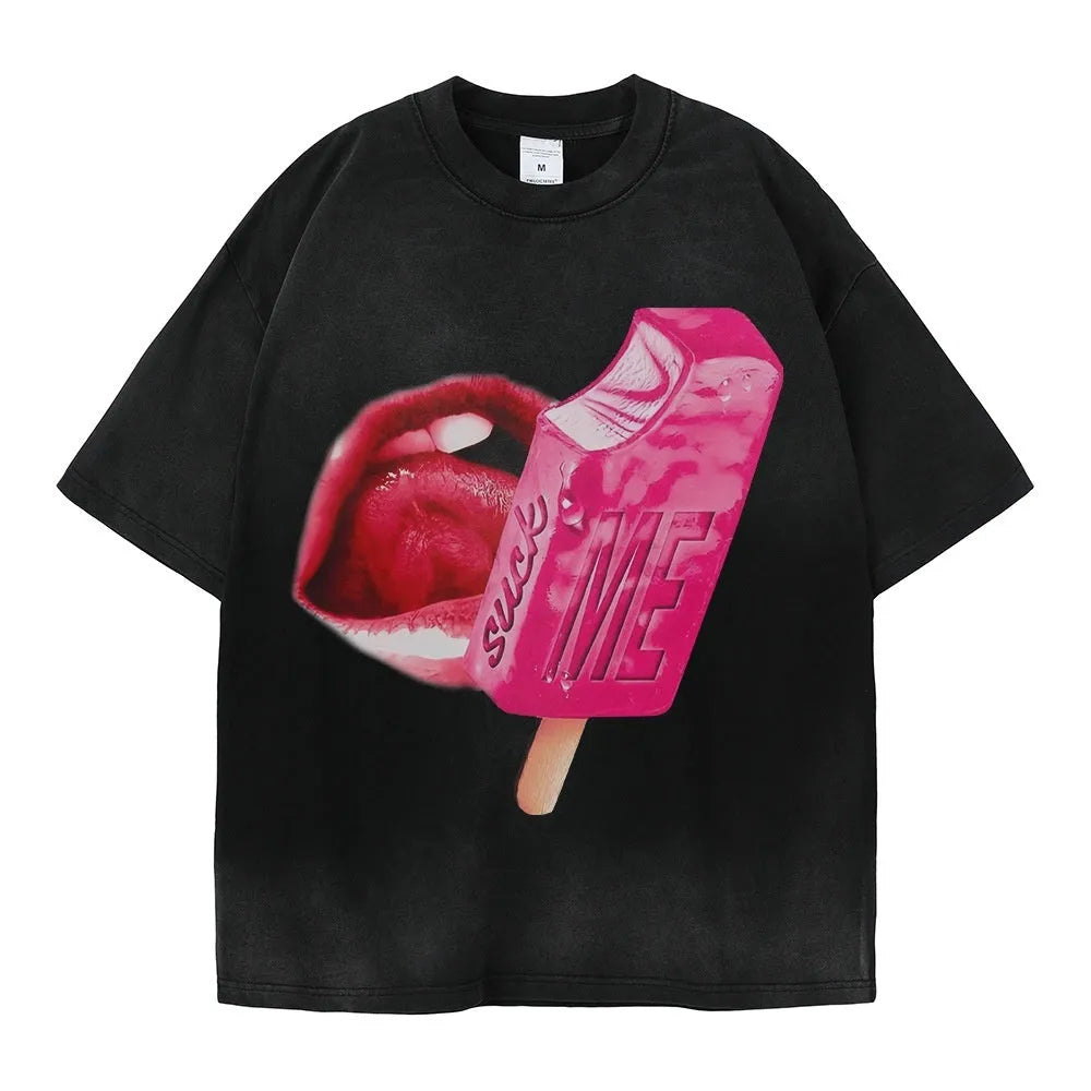 A loose-fit, heavy washed short-sleeved streetwear T-shirt on a hanger.