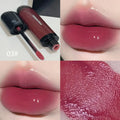Black Shiny Makeup Mirror Lip Lacquer set showing six shades: black tomato, orange brown, bean paste, rose, red, and sweet potato.