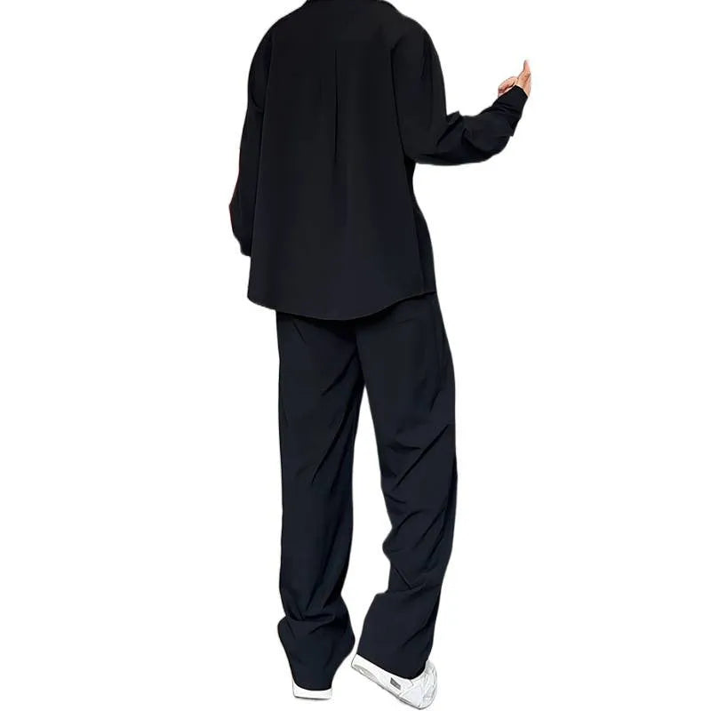 Men's black slim fit hemp polo shirt and trousers two-piece casual suit set on hanger
