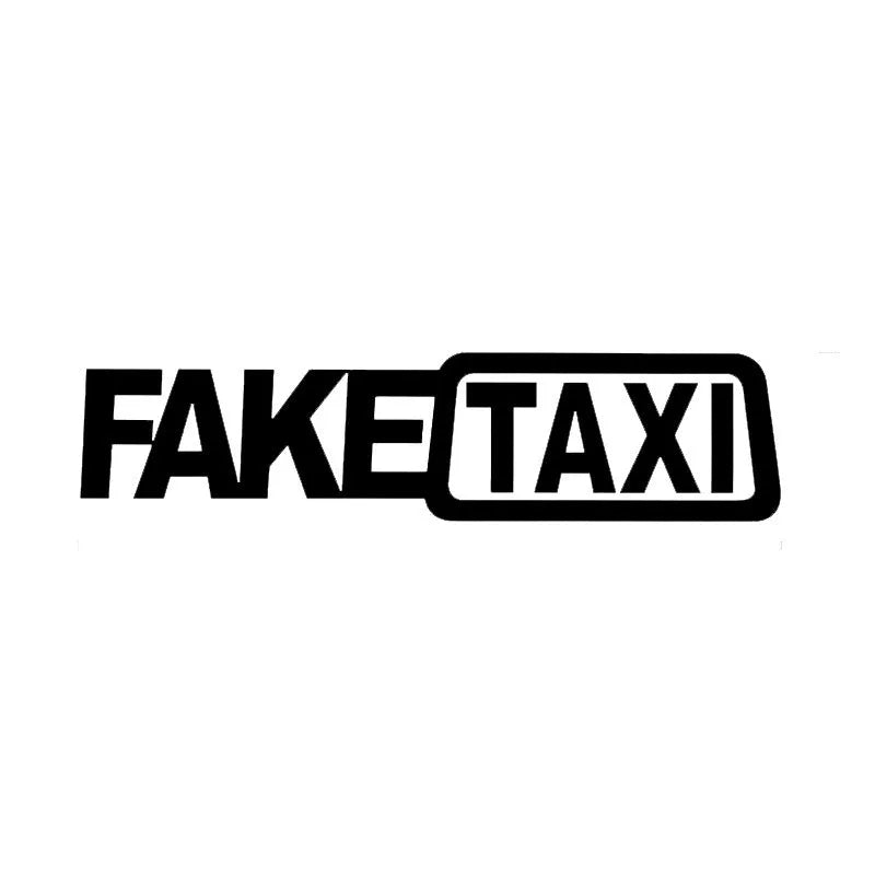 FAKE TAXI car warning sticker in yellow, 20 cm by 8 cm, made of waterproof PET material.