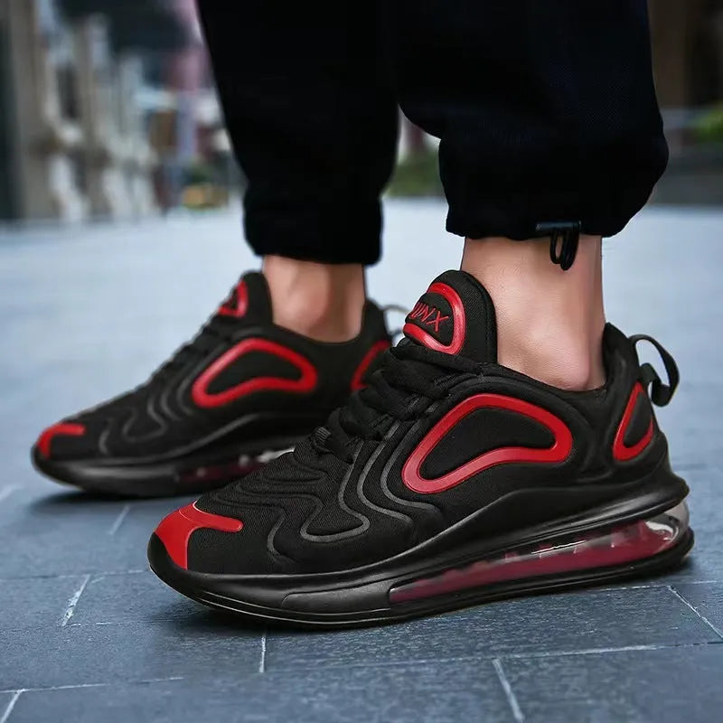 Men's black air cushion sneakers with artificial PU upper, plastic sole, and lace-up design for outdoor running