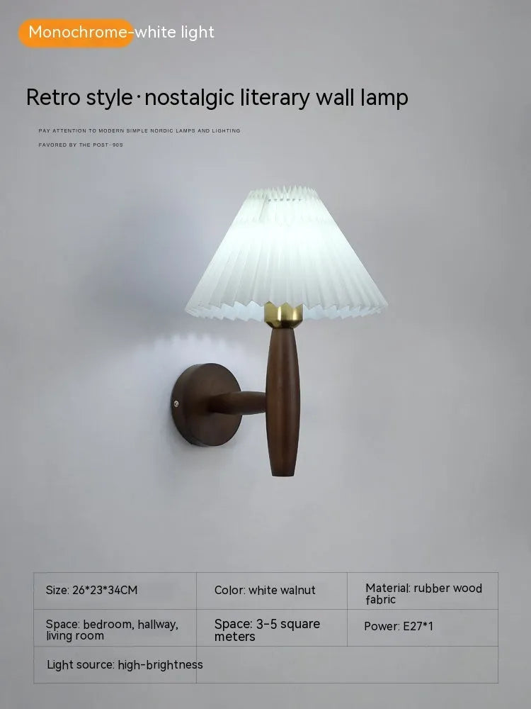 Retro style wall lamp with rubber wood base and fabric shade in walnut finish
