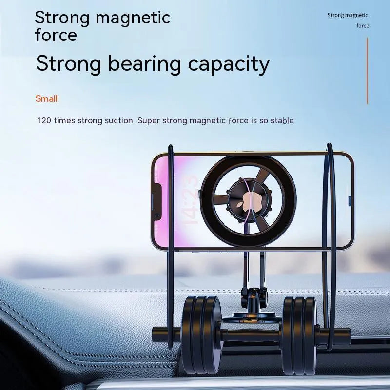 All-metal magnetic car phone holder in black, shown with magnetic rings and adhesive pads for dashboard or vent mounting.