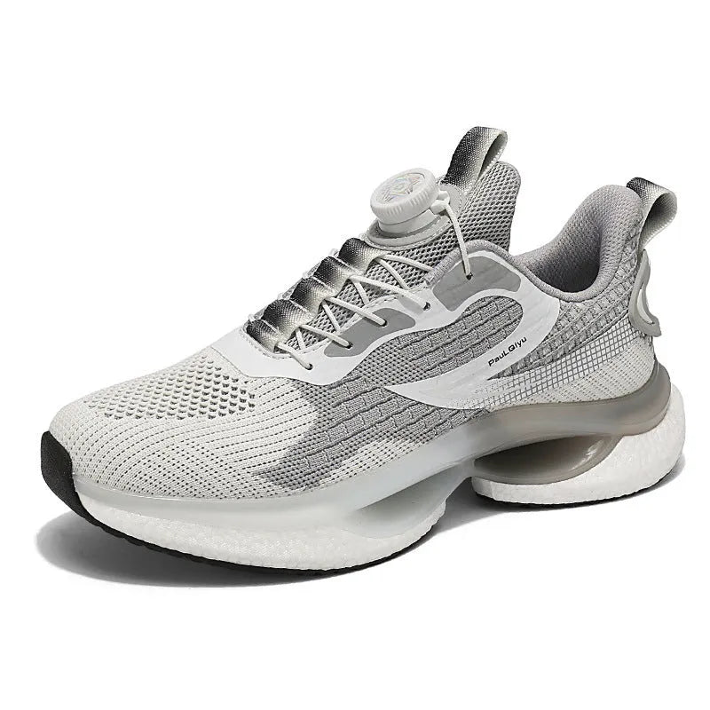 Low-top men's running shoes with buckle closure in solid colours showing Fly-knit mesh upper and TPU soles