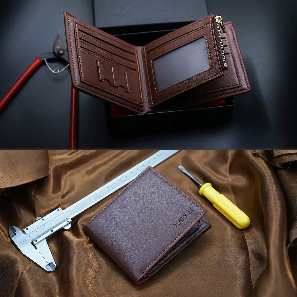 Men's leather wallet with zipper closure, individually packaged for gifting