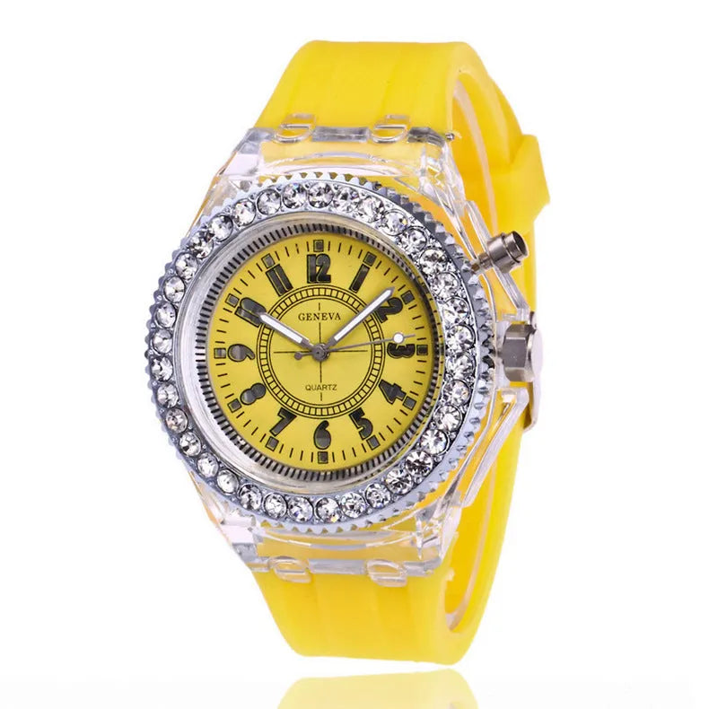 Women's LED luminous watch with round 43mm dial and coloured silicone strap