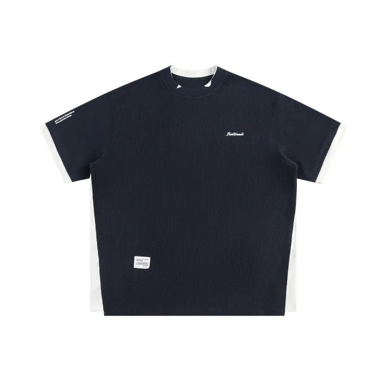 Retro alphabet embroidered loose waffle short-sleeved t-shirt in navy blue, white grey, and yellow colours