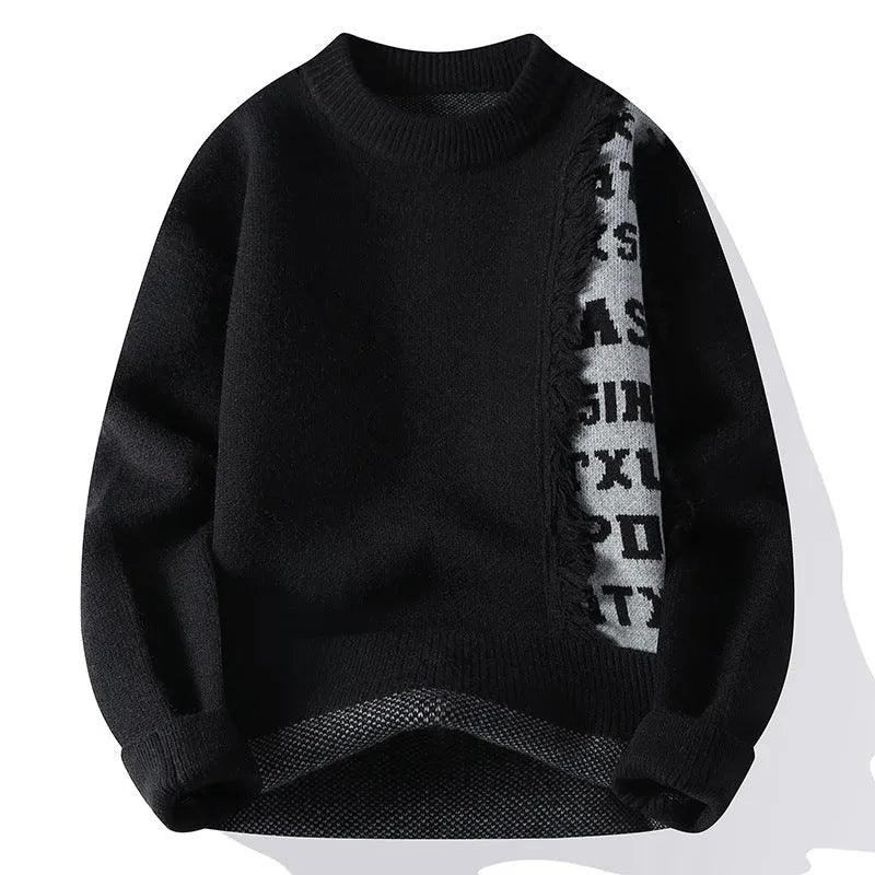 Men's loose fit knitted pullover sweater with ribbed hemline in black colour