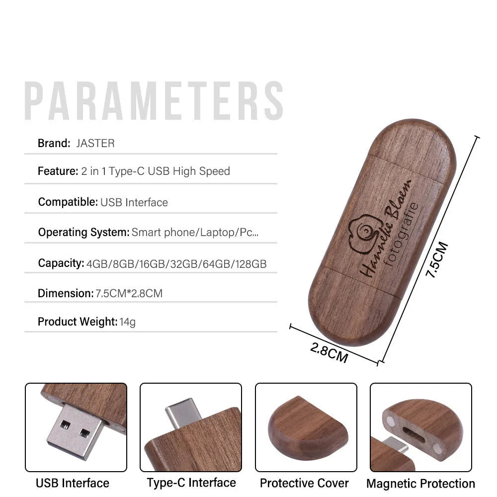Custom engraved maple wood USB flash drive with Type-C connector for mobile phones on a wooden box.
