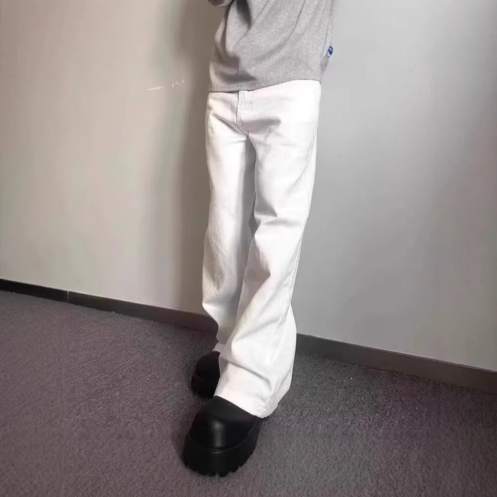Men's white straight leg wide jeans with American high street styling