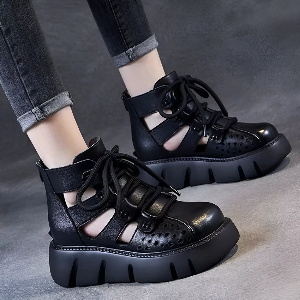 Women's black platform sandals with hollow hole design in soft cowhide leather with PU sole