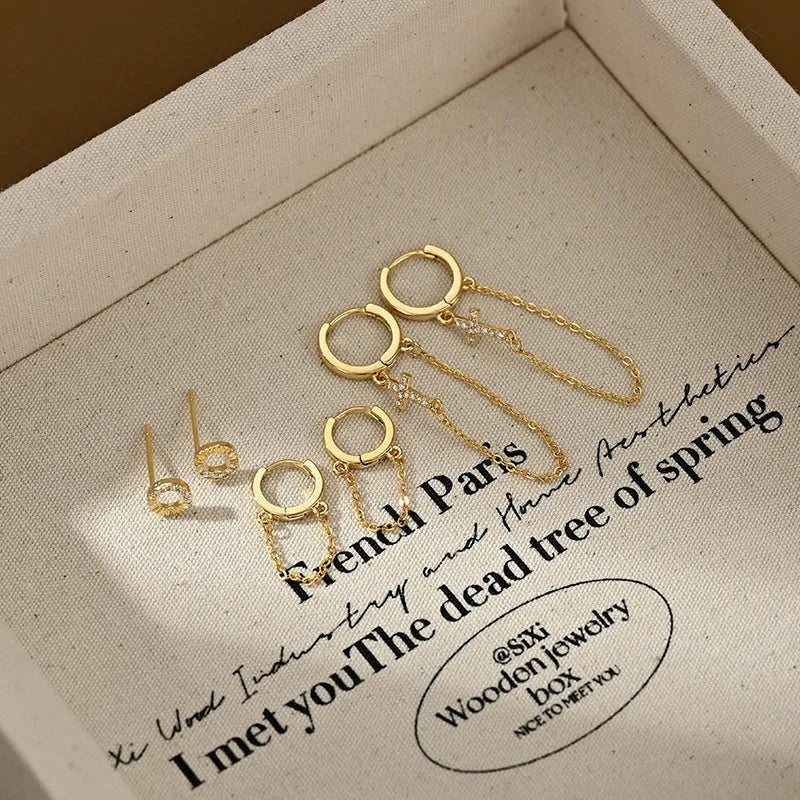 One Card Three Pairs Set Earrings for Women - Gold and Silver Copper Geometric Irregular Cross Ear Rings