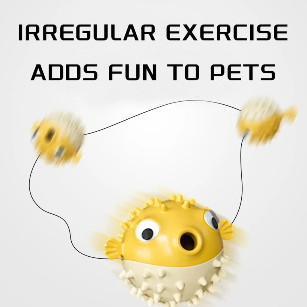 Yellow vinyl fish-shaped dog chew toy with textured surface for dental care