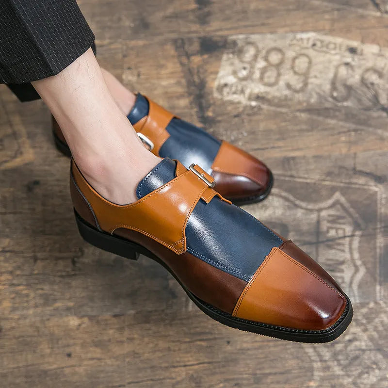 Men's British style retro buckle casual leather shoes in brown blue and black colours with tall crown design