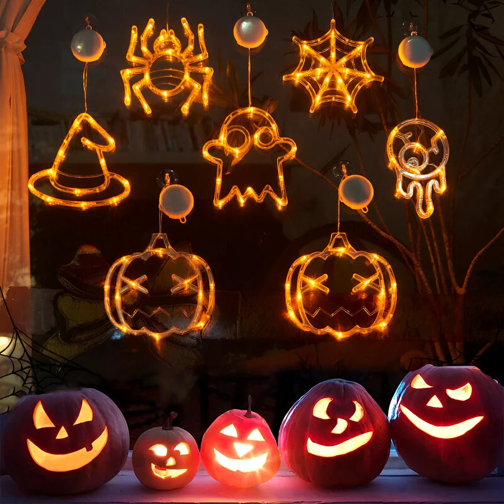 Halloween LED window hanging lights showing 7 horror characters including spider, pumpkin and ghost designs