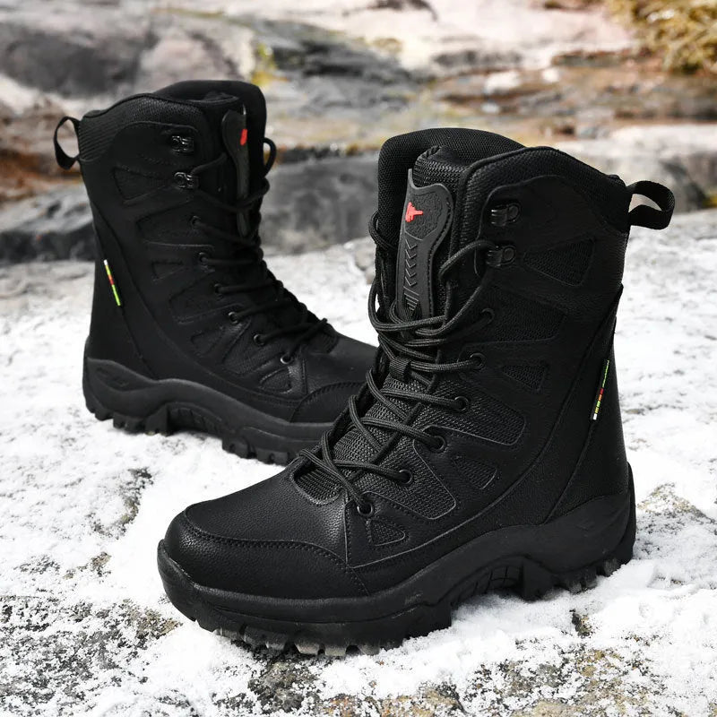 Men's beige hi-top hiking sneakers with a platform sole made from cowhide leather.
