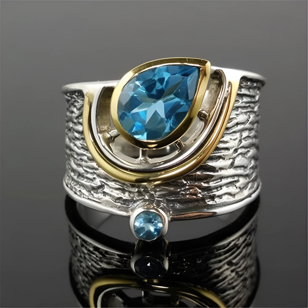 Blue Chinese-style women's ring with rhinestone detailing in drop shape, available in sizes 6 to 10.