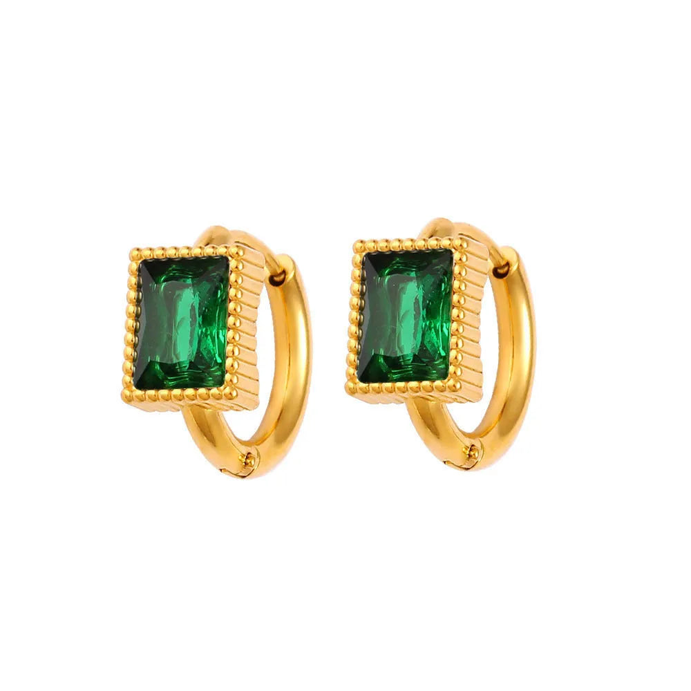 Square zircon stainless steel earrings in geometric design available in white, black, or green colours