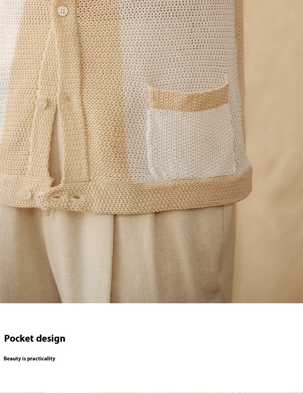Beige lapel collar short sleeve cardigan made from cotton linen blend fabric