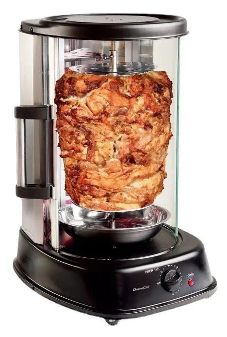 Black electric rotisserie oven with 21L capacity and 1500W power, showing whole chicken on spit
