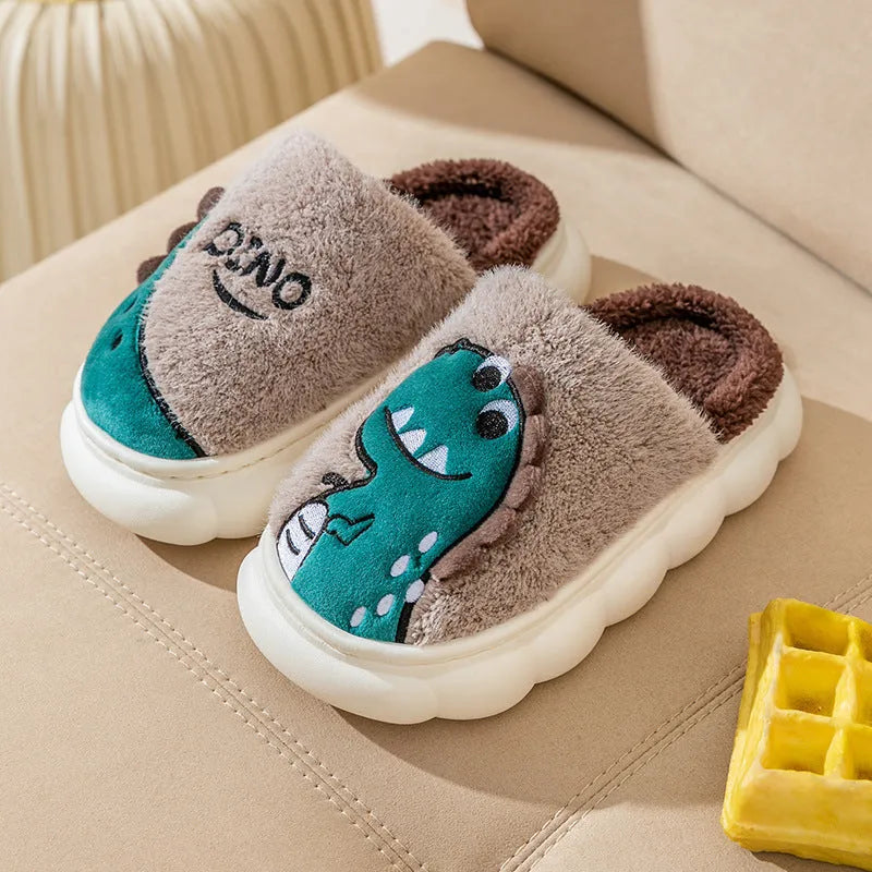 Cotton plush dinosaur print slippers with thickened construction for indoor wear