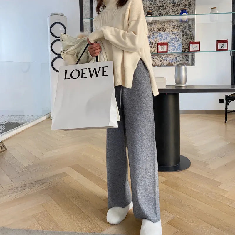 Women's high-waisted wide-leg knitting trousers in thick acrylic fabric for autumn winter casual wear
