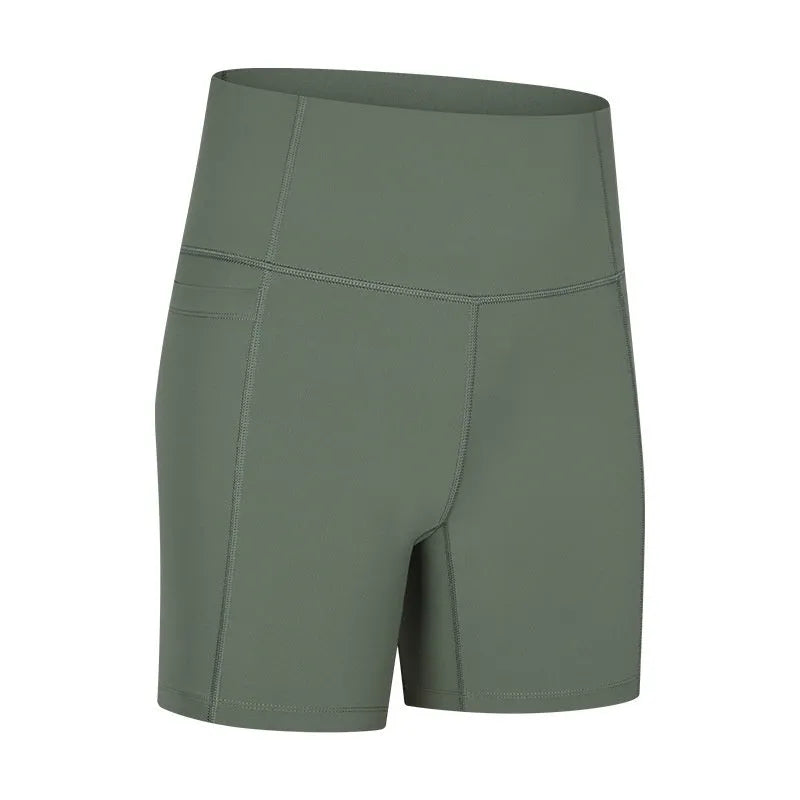 Women's black cotton blend super stretch sports shorts with mid-rise waist and short length.