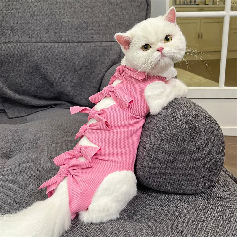 Lace-up polyester cat sterilisation clothing in blue colour showing adjustable fastening system for postoperative recovery