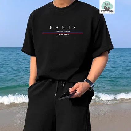 Men's loose fit pure cotton T-shirt featuring a heavy black letter print on a white background.