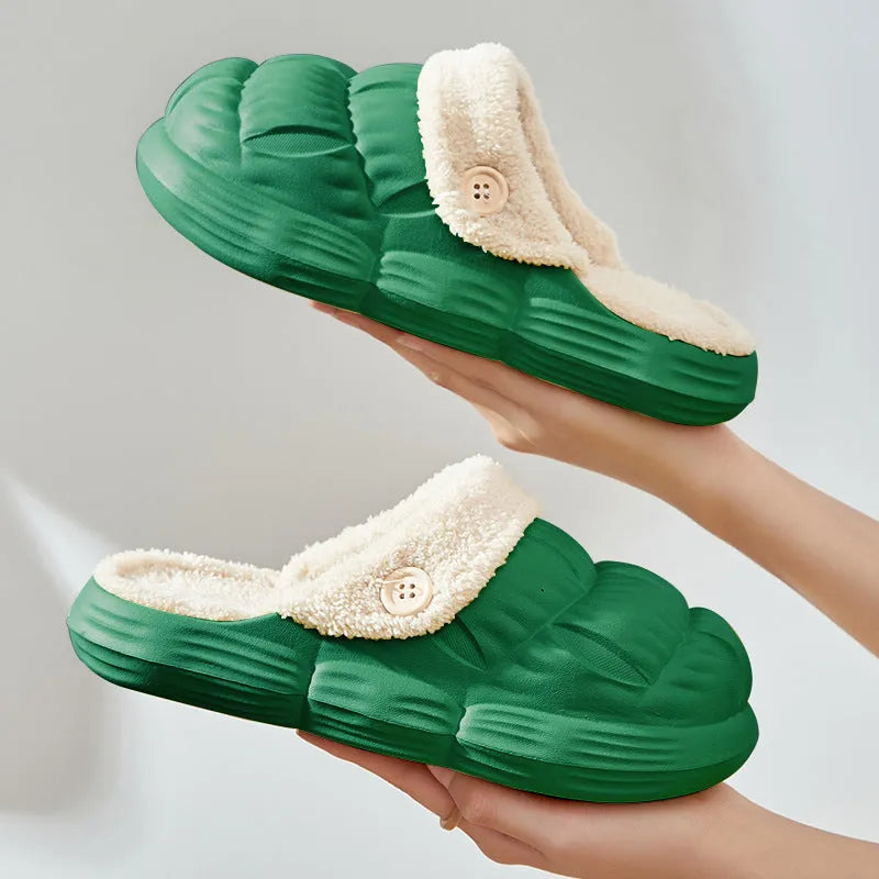 Removable fluffy slippers with EVA upper, non-slip plastic sole, and Velcro fastening in beige