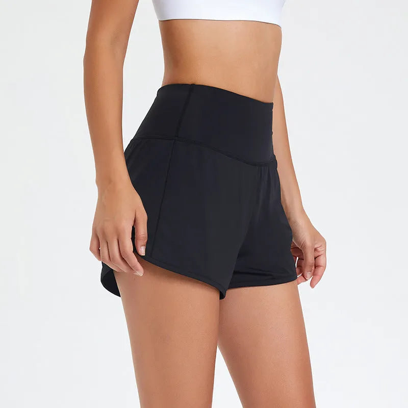 Women's high waist fitness shorts in quick-dry nylon fabric showing black, white, and water blue colour options
