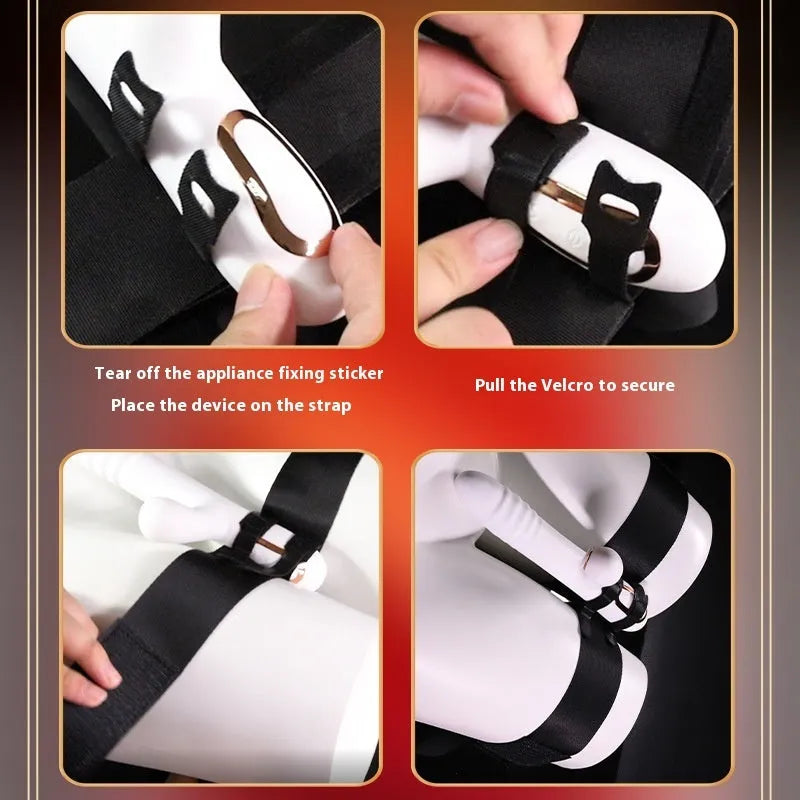 Black knitted belt adult toy strap with adjustable fastenings for secure appliance mounting