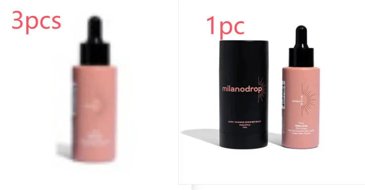Self-tanning set showing 50ml tanning drops bottle and 75ml tanning glitter cream tube with black essence.